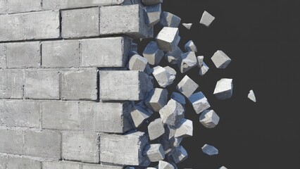 Gray brick wall crumbling, pieces flying apart