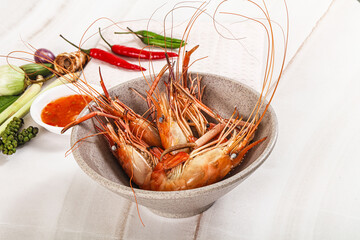 Boiled tiger prawn with sauce