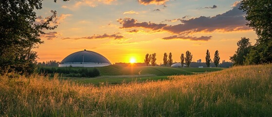 Biogas plant at sunset in rural landscape with field of grass and trees in Germany Europe wide shot