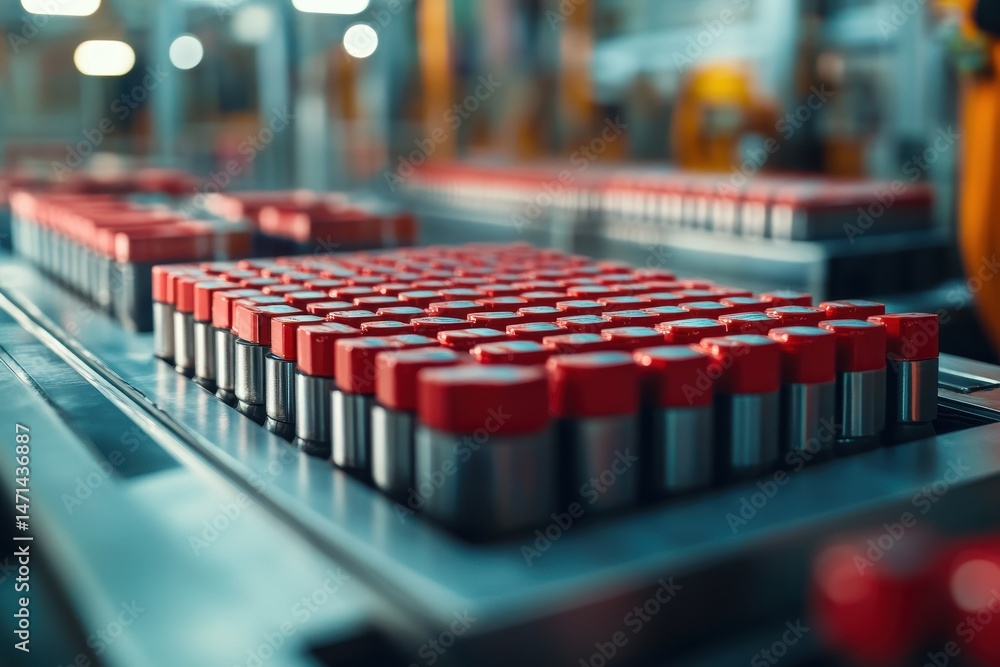 Poster battery production line showing rows of cylindrical cells with red caps in a factory setting close u