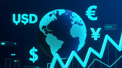 Global Finance: Currency Symbols and Earth Globe with Growth Charts