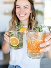 Fototapeta premium Smiling woman holding two refreshing cocktails with oranges and rosemary garnish in bright daylight