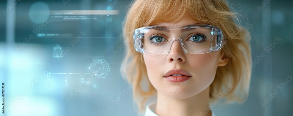 Aufkleber a woman wearing smart glasses interacts with futuristic augmented reality holograms in a high-tech e