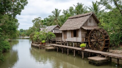 Obraz premium Historic waterwheel powers a stilt house situated on a calm river surrounded by lush greenery on an overcast day at a traditional village.