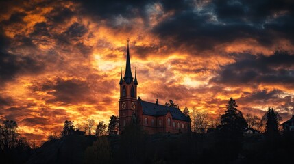 Obraz premium Fiery Sunset over Church