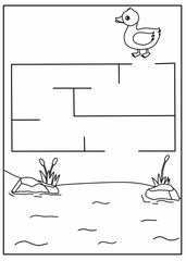 Help the duck to find its way through the path, Maze worksheet animals, duck activity, animal, animals, labyrinth activity for kids, balck and white maze printable for kindergarten, maze coloring page