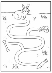 Help the rabbit to find its way through the path, Maze worksheet animals, rabbit labyrinth activity for kids, balck and white maze printable for kindergarten, maze coloring page