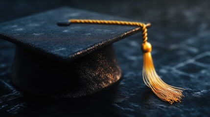 Graduation cap close up studio shot on dark surface symbolizing academic achievement and educational success with golden tassel