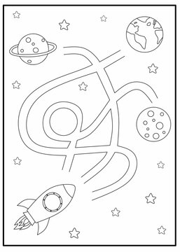 Help the rocket to find its way through the path to the earth, Maze worksheet space, rocket labyrinth activity for kids, balck and white maze printable for kindergarten, space coloring page