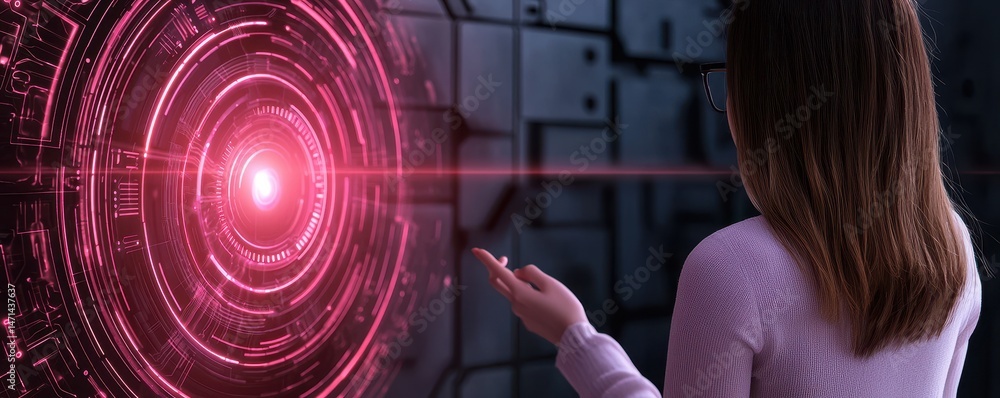 Poster A woman interacts with a glowing digital interface featuring a red circular pattern, suggesting advanced technology or artificial intelligence.