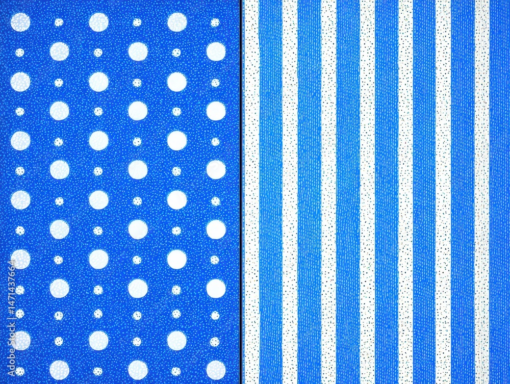 Poster abstract blue background featuring white polka dots and stripes pattern close up view from above