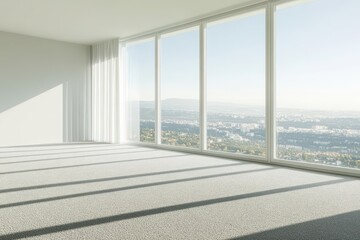 Bright empty room interior with large windows overlooking cityscape and mountains modern architecture design