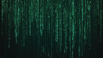 Digital code streams vertically downward on a dark background.  Emerald green characters form lines of data