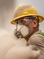 Construction worker in dust cloud wearing hard hat safety glasses and respirator side view close up