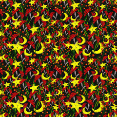 Fabulous fly agarics and bright stars. Seamless pattern.