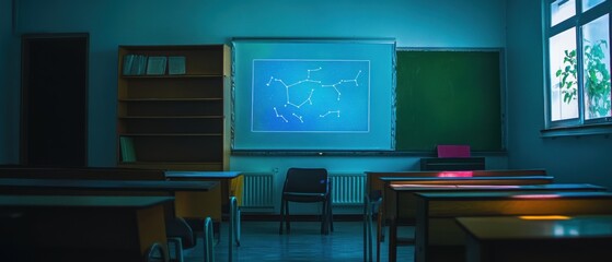 Empty Classroom with Constellation Projection on Screen, Low Angle, Education Theme, School Interior, Night