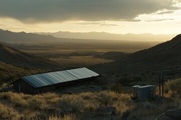 Desert valley sunset. Rustic building