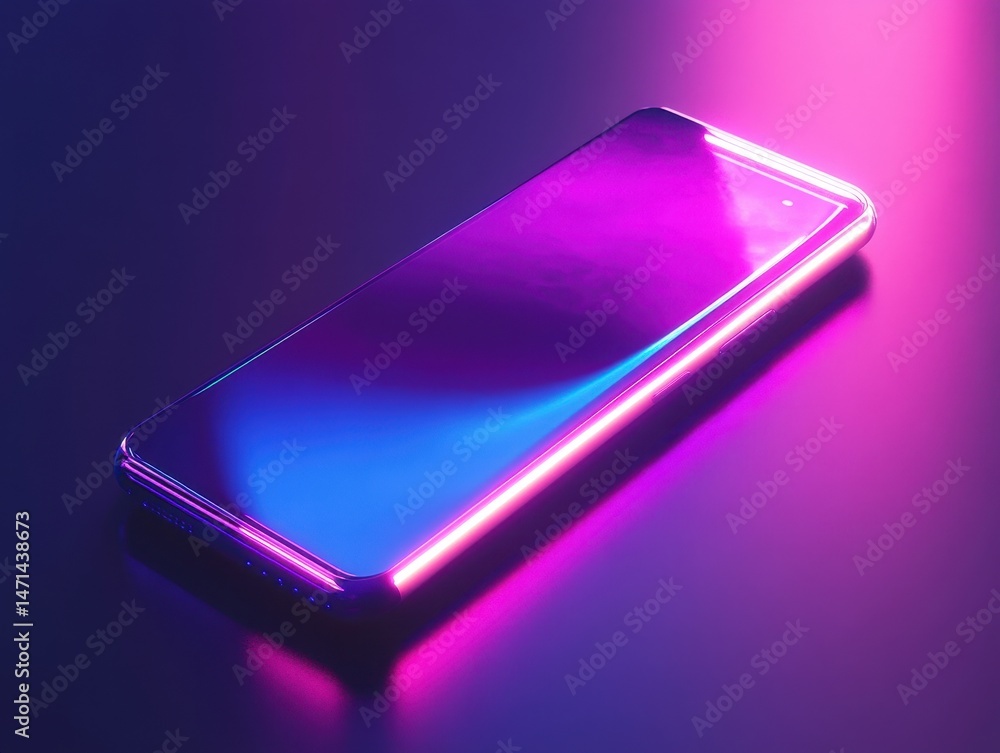 Poster modern smartphone displayed with neon lighting on dark surface close up high angle technology concep