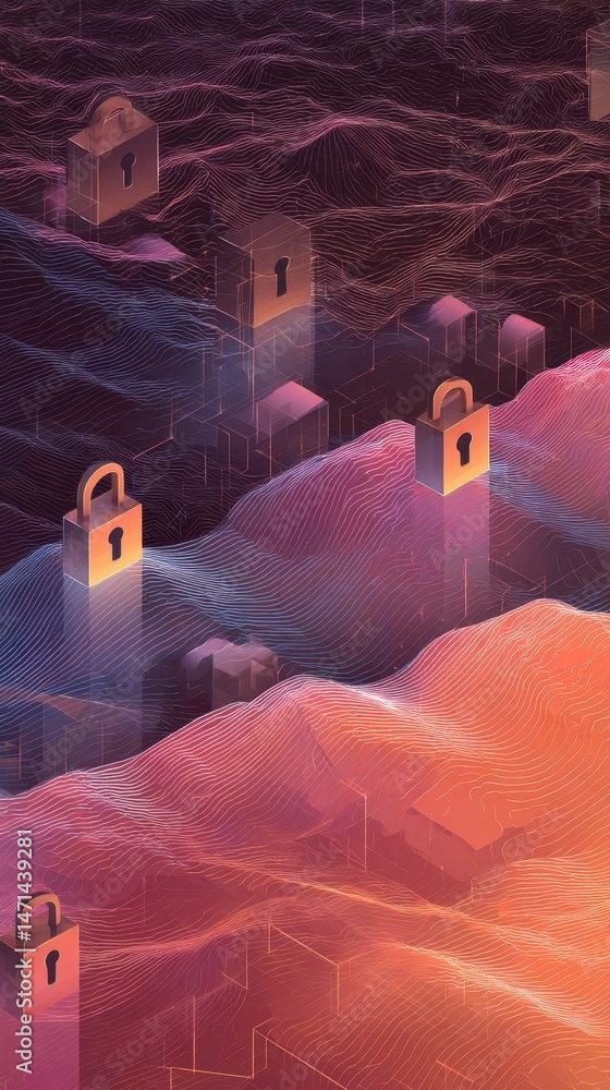Poster abstract security landscape with padlocks and data waves digital illustration for cybersecurity conc