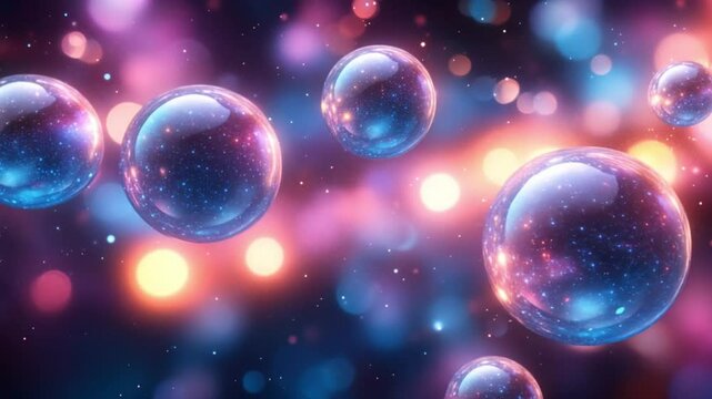 Floating glowing bubbles in a dreamy atmosphere with soft light reflections.