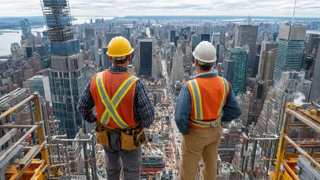 Highrise Construction Workers: Two construction workers in safety gear stand on a highrise building, overlooking a sprawling cityscape.