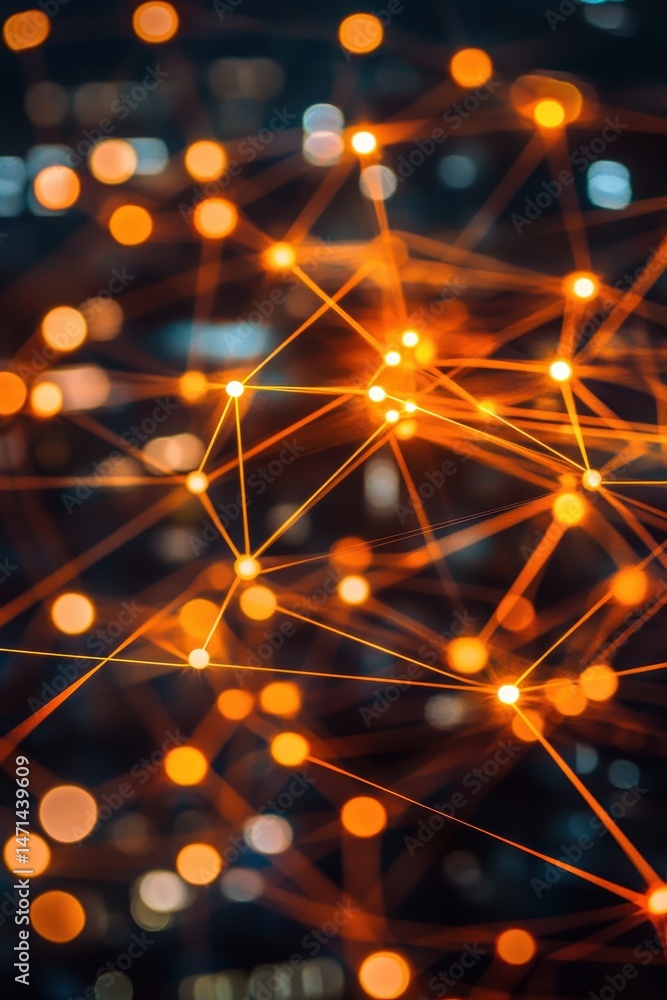 Poster abstract network connection with glowing nodes and lines, futuristic technology concept, close-up vi