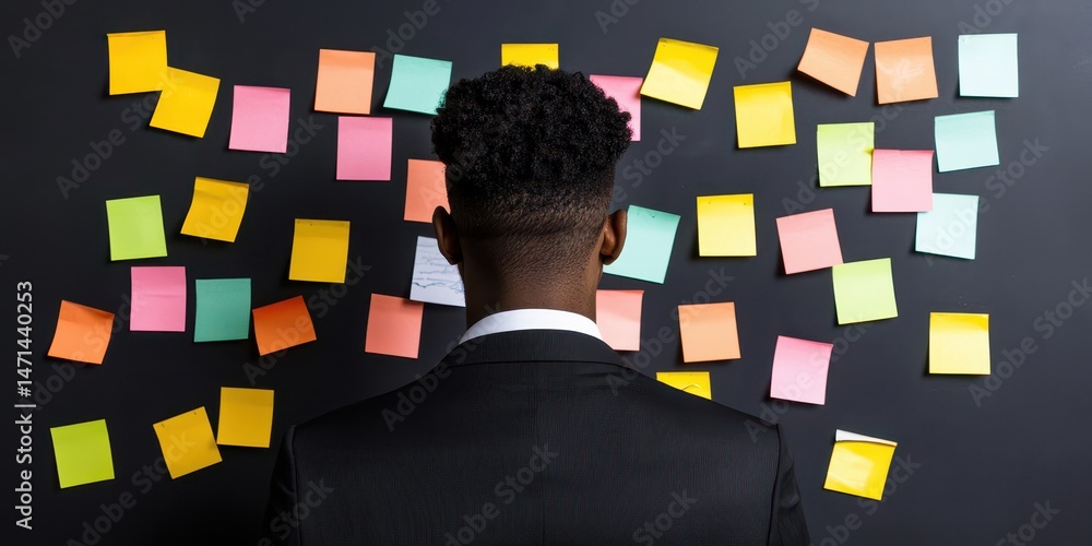 Poster A man in a suit stands in front of a wall covered with colorful sticky notes, appearing deep in thought or planning.