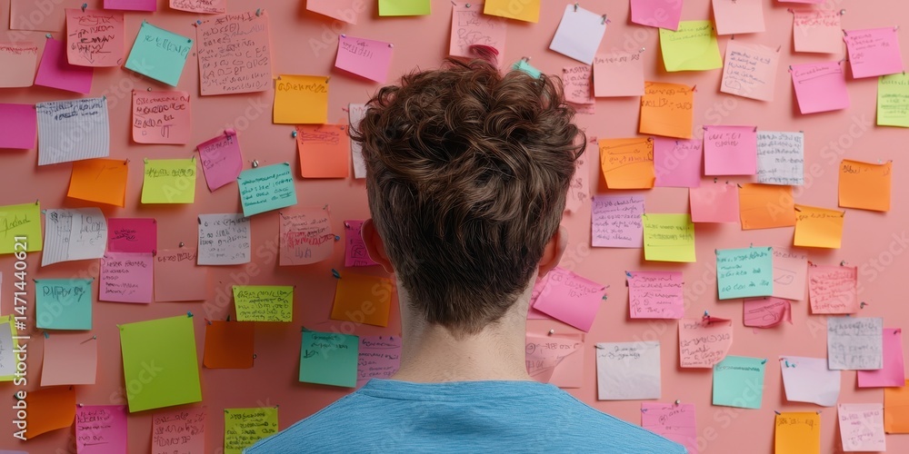 Poster a person stands facing a wall filled with colorful sticky notes, appearing to brainstorm or organize