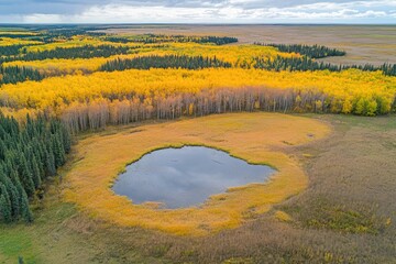 Fototapeta premium Aerial view of a tranquil autumnal lake nestled within a vibrant yellow forest