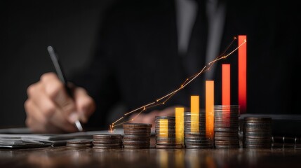 Businessman analyzing 2024 to 2025 financial growth plan with market performance graph showing profit and revenue increase