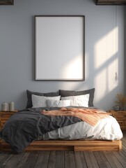 Bedroom interior mockup with blank frame above bed in rustic style with natural light from window cozy scene