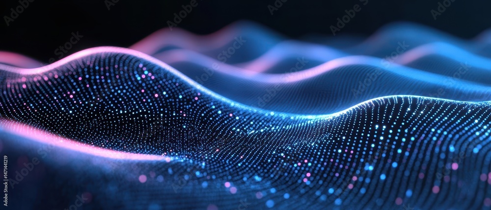 Aufkleber abstract data stream visualization with wavy surface and glowing particles in blue and pink tones cl