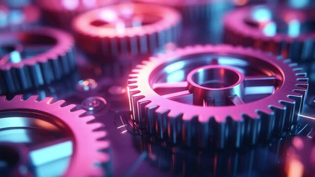 Close-up of glowing mechanical gears in motion representing engineering and technology.