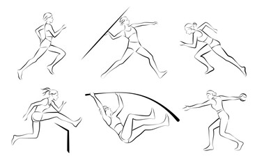 1560_Set of female athletes, running, hurdle race, high jump, javelin throw, pole vault