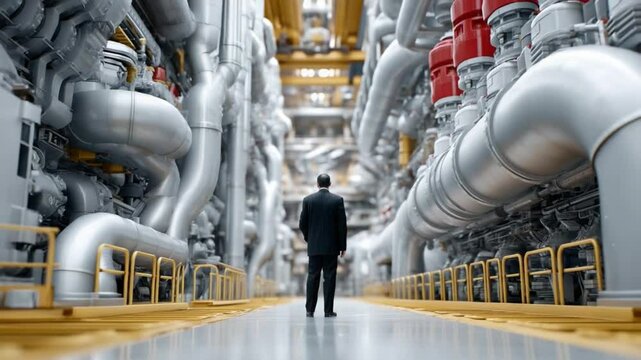 Industrial Architect: An executive, rendered in crisp photorealism, stands amidst a complex industrial infrastructure, emphasizing human scale against vast machinery.