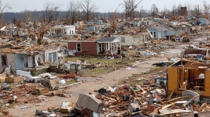 A community devastated by a tornado, showing extensive damage with homes reduced to chaotic piles of rubble and debris.
