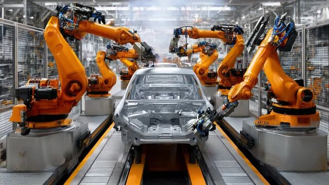 Robots in Automotive Assembly: A dynamic image of robotic arms meticulously working in an automotive factory setting, assembling a car chassis with precision.