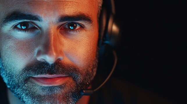 Focused Man Wearing Headset Intense Gaze Professional Serious Concentrated Communication Technology