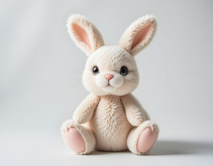 Obraz premium Sweet fluffy white bunny plush toy with big purple eyes sitting on a soft background.