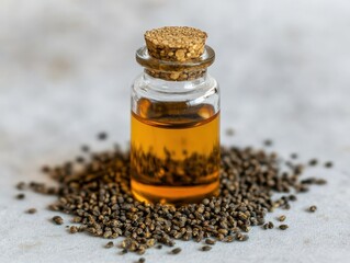 Bottle of castor oil with castor seeds on a neutral surface studio shot close up for health and wellness