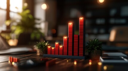 Bright red bar graph stands prominently on wooden desk suggesting economic growth and financial success.