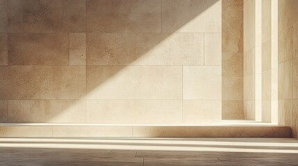 Beige stone wall illuminated by sunlight and shadows.