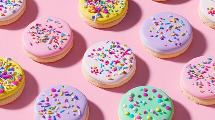 Obraz premium Pastel Frosted Cookies Overhead Flat Lay on Pink Background Delicious Treats Sweet Confectionery Party Food Celebration Dessert