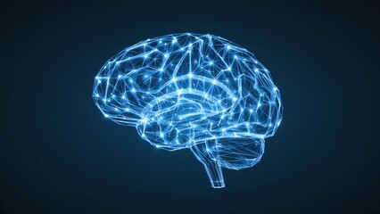 Abstract, glowing, digital representation of a human brain, showing intricate network