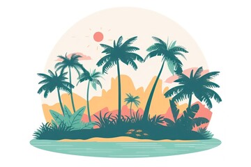 Obraz premium Tropical island flat illustration art vegetation arecaceae.