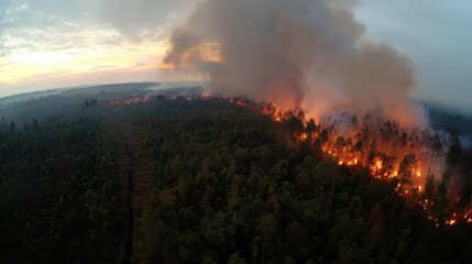 Fototapeta premium A panoramic view of extensive forest burning fiercely, smoke filling the air, underscoring the catastrophic environmental damage.