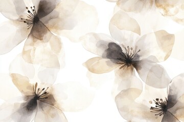 Watercolor floral pattern of delicate flowers in beige and gray tones on white background artistic design
