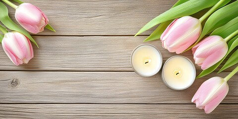 Pink Tulips and Burning Candles on Rustic Wooden Background Spring spa zen top life calm soft view