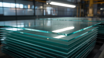 Stacked clear glass panels in a factory warehouse during daylight hours showing manufacturing process details