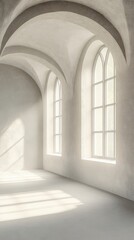 Fototapeta premium Minimalist Interior with Arched Windows and Vaulted Ceiling, Soft Light, Architectural Detail, Empty Space, Neutral Tones